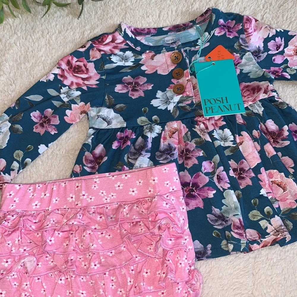 NWT Posh Peanut Keisha Long Sleeve Henley Peplum Top & Bloomer Set 12-18M
